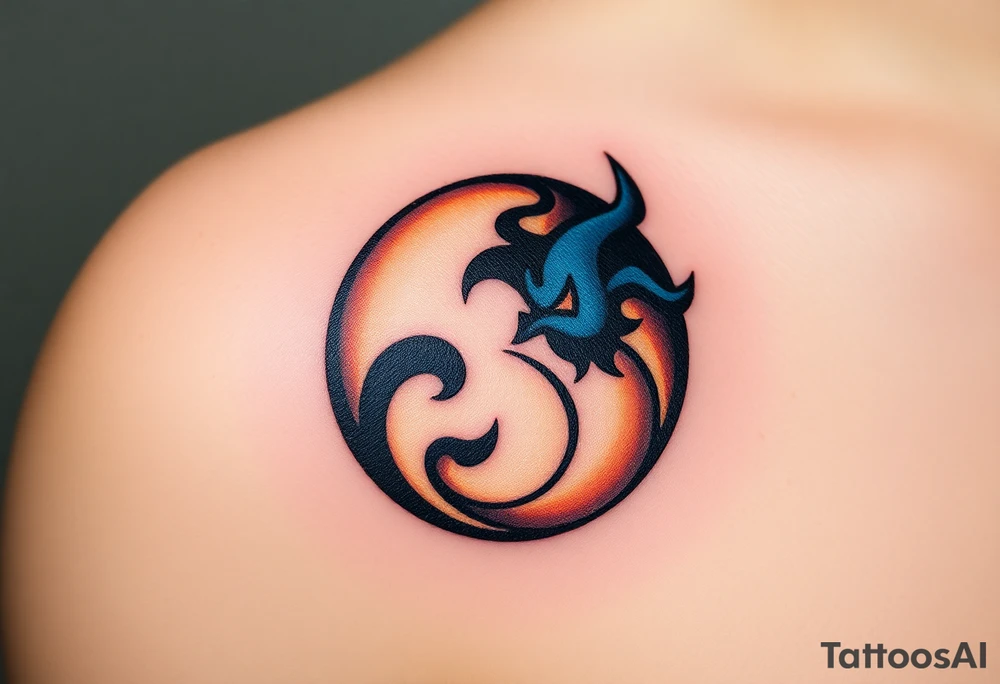 A yin-yang symbol, with one half glowing white with soft golden accents (good) and the other dark with deep blue and black elements (evil), symbolizing balance and duality tattoo idea