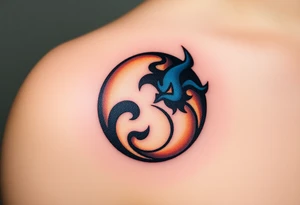 A yin-yang symbol, with one half glowing white with soft golden accents (good) and the other dark with deep blue and black elements (evil), symbolizing balance and duality tattoo idea