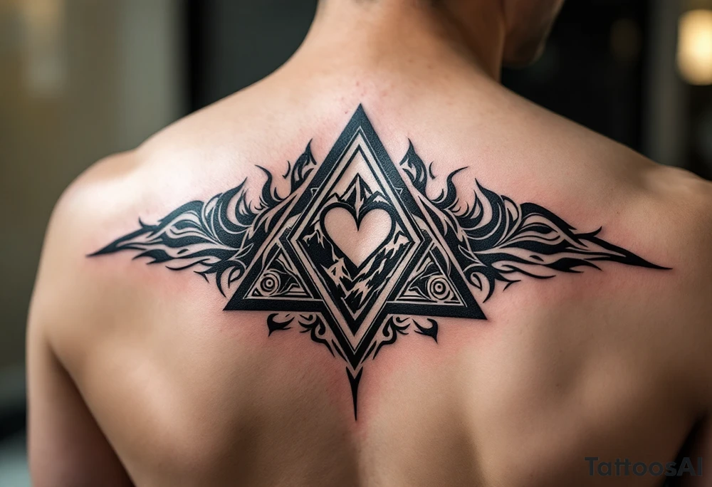 A triangle with a big heart in the cente with a mountain theme tattoo idea