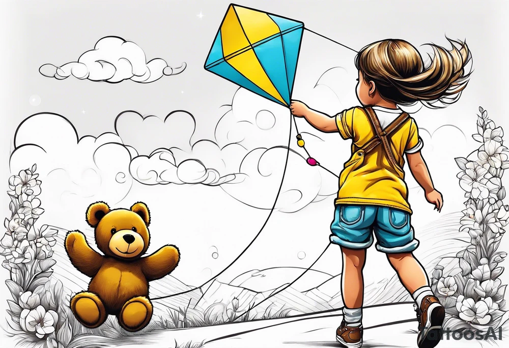back image of a little girl flying a kite with a teddy bear in yellow overalls beside her tattoo idea