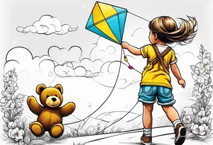 back image of a little girl flying a kite with a teddy bear in yellow overalls beside her tattoo idea