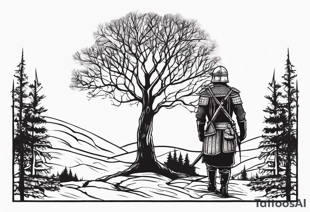 minimalist gothic trees, with an ancient slavic rus soldier wearing a helmet and a spike in hand in the background tattoo idea