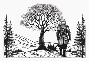minimalist gothic trees, with an ancient slavic rus soldier wearing a helmet and a spike in hand in the background tattoo idea