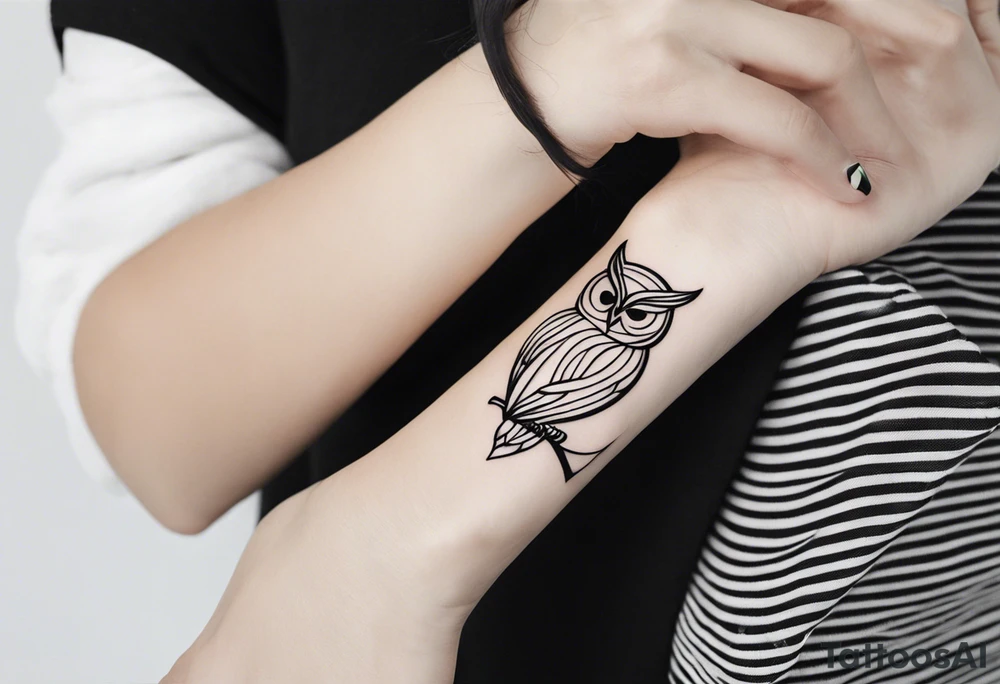 a long unique small feminine leaftattoo with owl on the wrist tattoo idea