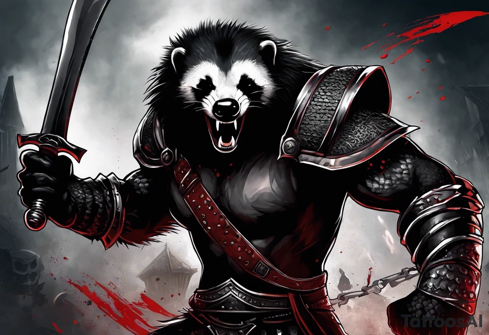 Draw me psychopath Honey Badger/Berserker with aggressive full body, killer face with a scary smile, very long nails and he attacks like a Bloody Assassin/Warrior/Gladiator to us and also, he has very deadly looking. He fights with his nails. Everybody scares after their first sight. Give me horror type Badger Tattoo. I want to see his Realistic full body. tattoo idea