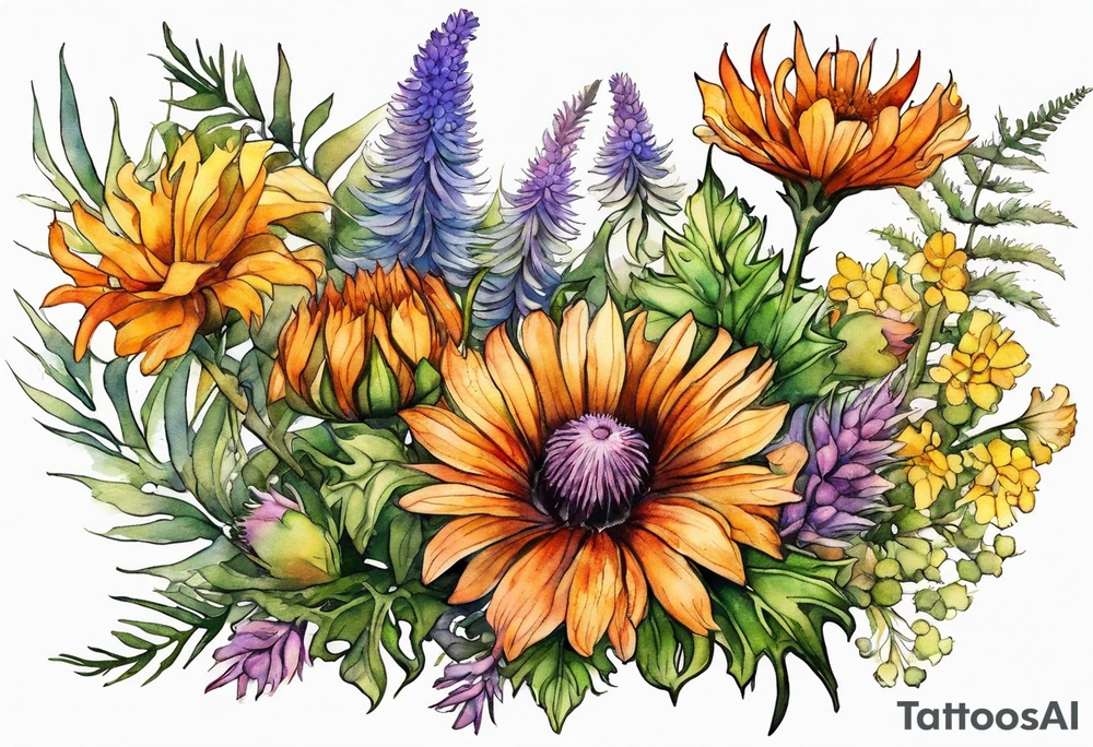 mixed wildflower cascading with thistles, ferns, burnt orange white and yello flowers all in watercolor tattoo idea