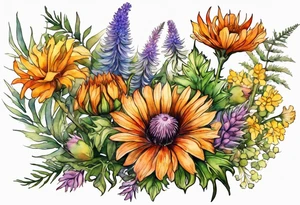 mixed wildflower cascading with thistles, ferns, burnt orange white and yello flowers all in watercolor tattoo idea