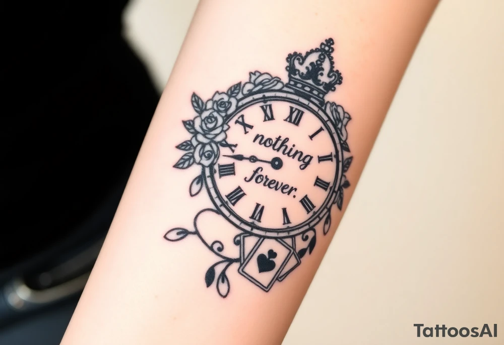 Roman clock with roses and a crown,  a quote that says nothings forever. and on the bottom a deck of cards tattoo idea