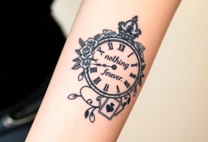 Roman clock with roses and a crown,  a quote that says nothings forever. and on the bottom a deck of cards tattoo idea