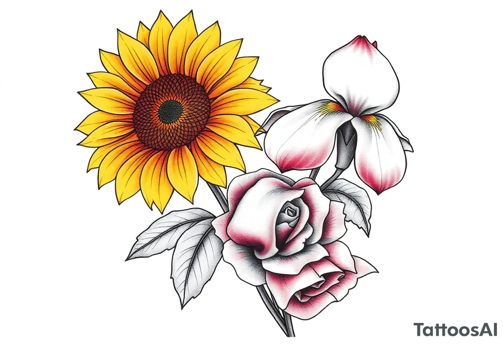 Sunflower,iris and a Rose flowers tattoo idea