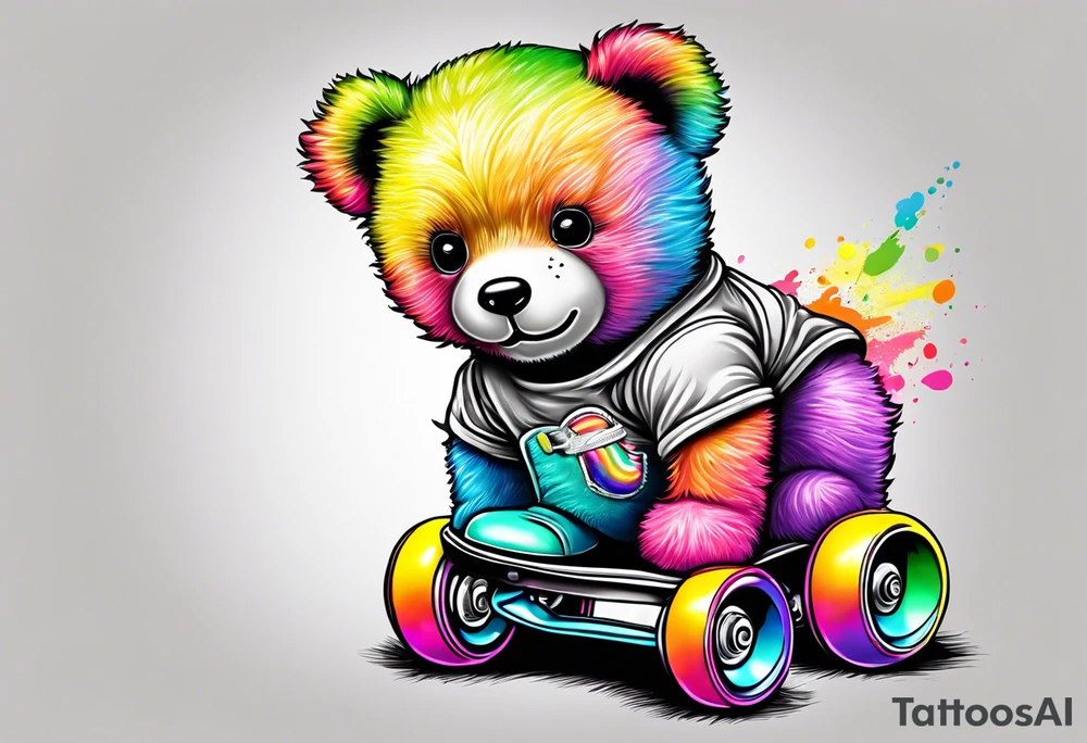 a teddy bear, wearing cute, pastel rainbow roller skates tattoo idea