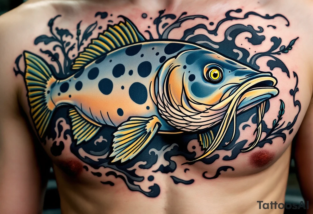 Traditional Southern Catfish – A thick-bodied catfish with blue-gray skin, long flowing whiskers, and dark spots along its back. Surrounded by murky water swirls and reeds, in a classic Americana style. tattoo idea