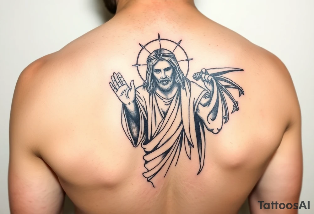 Jesus praying over the devil and reaper tattoo idea