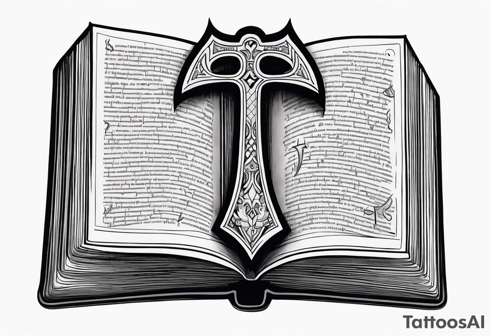 An opened bible with a battle Axe tattoo idea