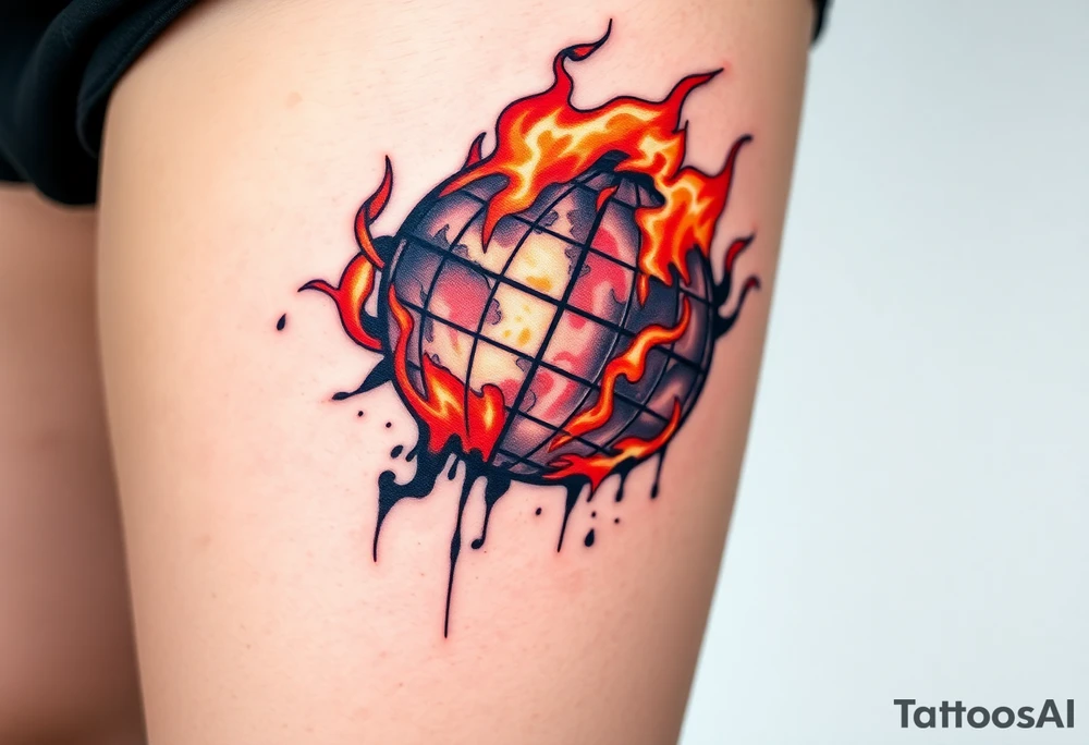 toxic globe on fire tattoo idea