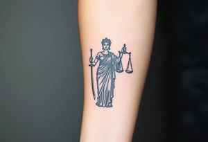 Lady Justice tattoo, holding sword at her side, roman robe, cape, powerful, with blindfold tattoo idea