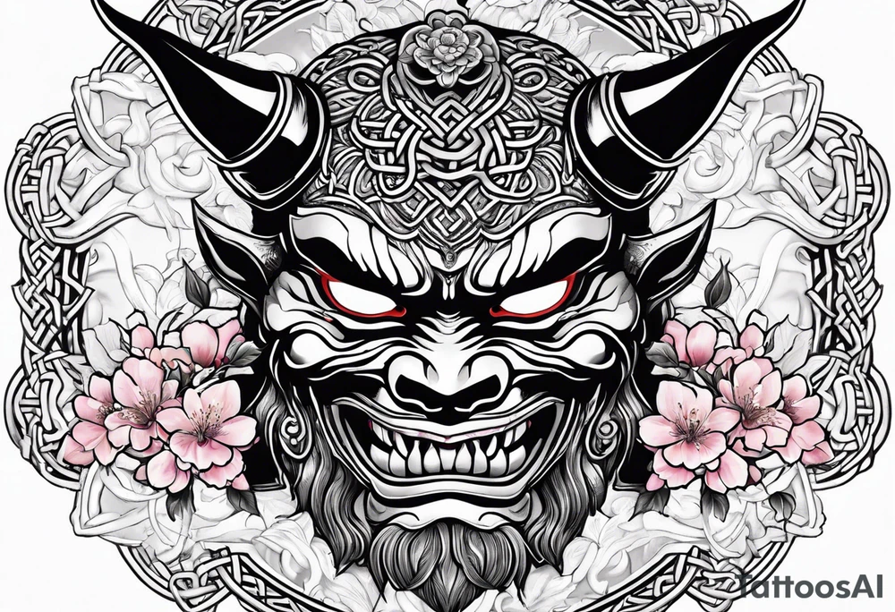 Oni mask with a cherry blossom background in a Celtic style tattoo idea