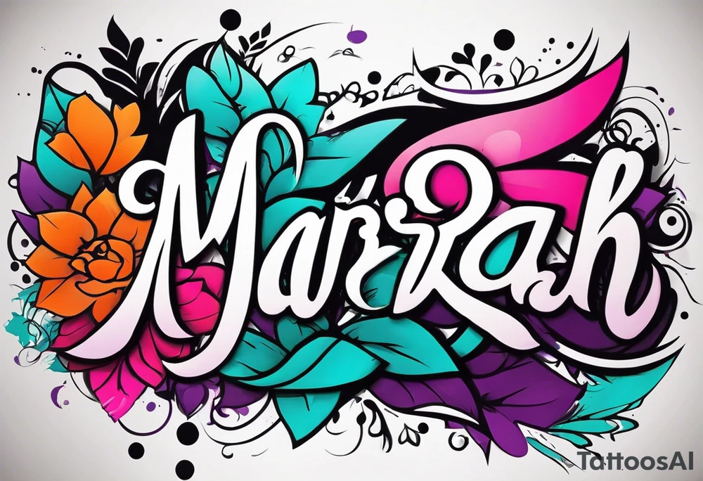 I want a tattoo of my daughter’s name MARIAH. I want it block graffiti style with some background shading colors should be pink teal purple and other colors like that and also some orange and black tattoo idea