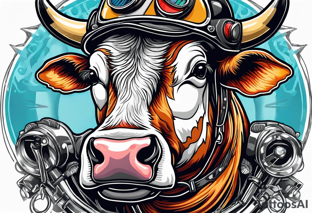 cow in motorcycle helmet tattoo idea