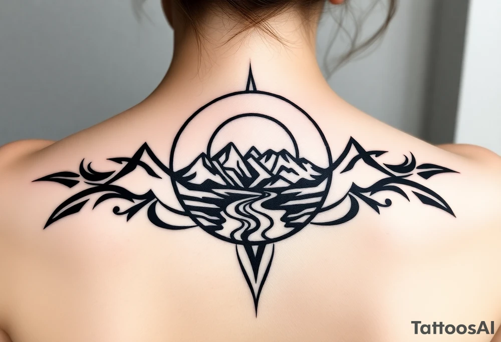 mountains. river and sunrise, let it all be inside one circle. draw a line and divide the circle into two parts, let one part be like day and the other part like night tattoo idea