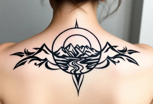 mountains. river and sunrise, let it all be inside one circle. draw a line and divide the circle into two parts, let one part be like day and the other part like night tattoo idea