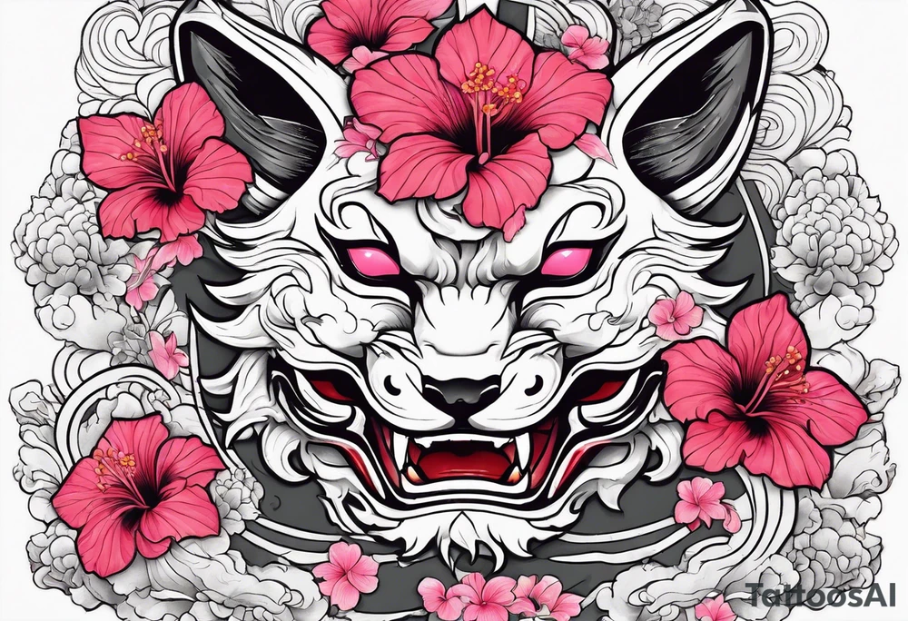 White half broken kitsune oni mask with red accents and pink hibiscus flowers tattoo idea