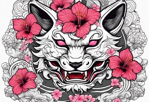White half broken kitsune oni mask with red accents and pink hibiscus flowers tattoo idea