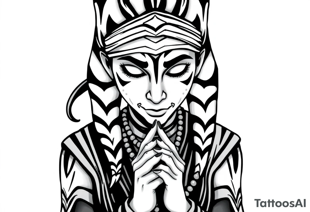 Ahsoka praying with rosary in hands and bandana over face tattoo idea