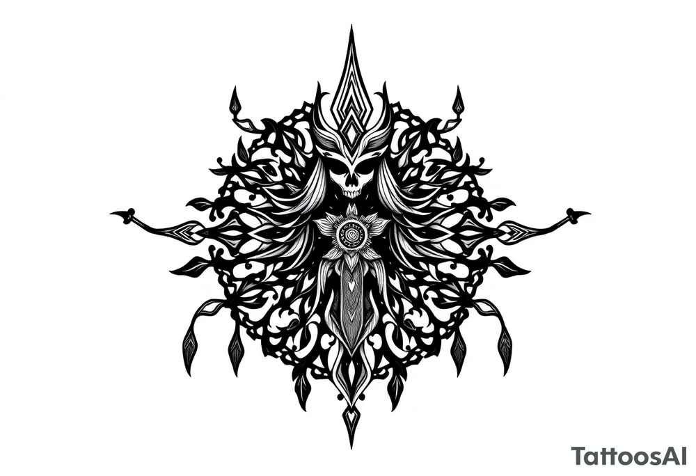 mystical dark and long ornament with shaman and witch style and ancient rhyme tattoo idea