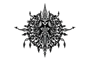 mystical dark and long ornament with shaman and witch style and ancient rhyme tattoo idea