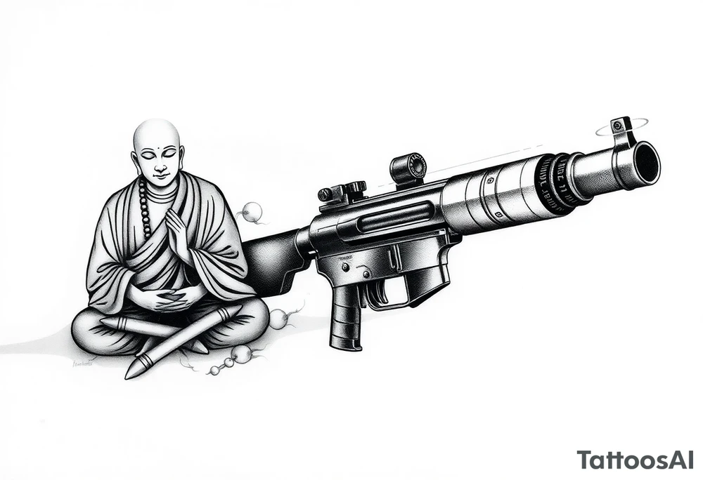 "Black ink tattoo fusing war and enlightenment:  
1. LEFT SIDE: Hyper-detailed Buddhist monk in lotus pose (dotwork shading)  
2. RIGHT SIDE: Maxim M1910 machine gun (geometric outline)  
3. TRANSITION ZONE:  
   - Monk's robes dissolve into bullet belts  
   - Prayer beads become ammunition links  
   - Third eye aligns with gun sights  

Key details:  
- Mirror embedded in gun's scope (reflects wearer's eye)  
- Micro-text along barrel: *"Пустота стреляет"* (0.3mm font)  
- Mandala-shaped muzzle flash  

Style: Neo-tribal meets ukiyo-e. Size: 15cm forearm sleeve. No colors." tattoo idea