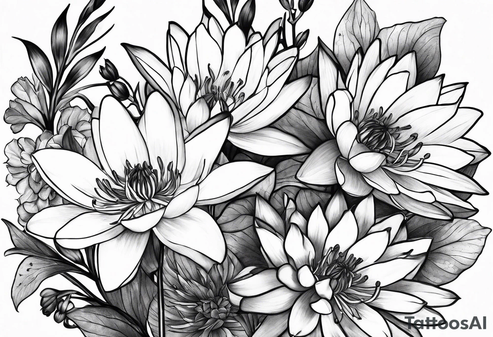 Larkspur and water lily bouquet with stems tattoo idea