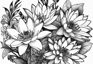 Larkspur and water lily bouquet with stems tattoo idea