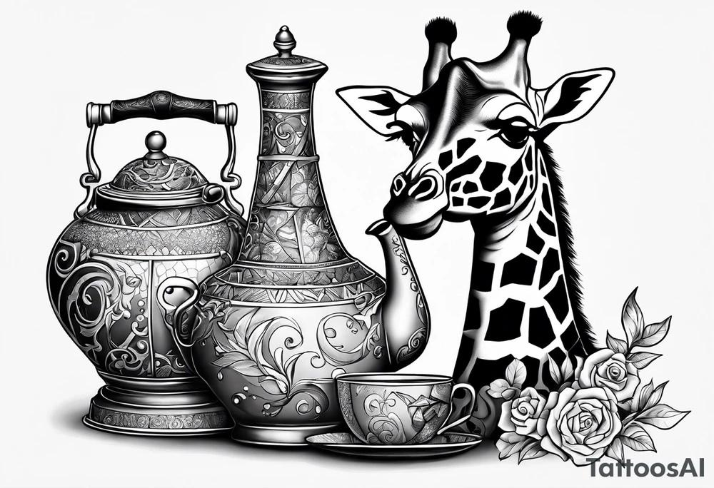 giraffe, tea pot, belt, bruch tattoo idea