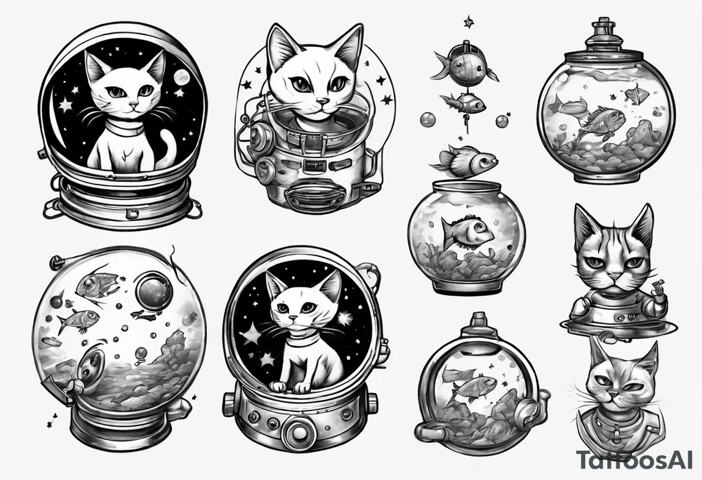 Space cat with a fish bowl on head tattoo idea