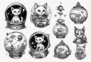 Space cat with a fish bowl on head tattoo idea