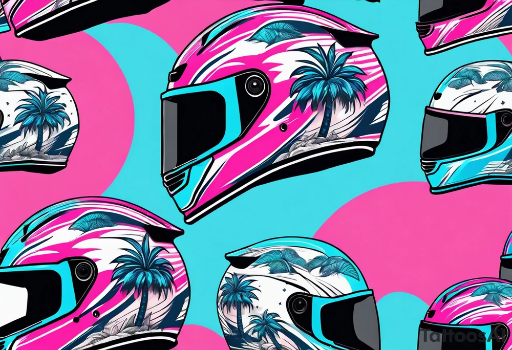 formula 1 helment with a palm tree and black light blue and pink colors tattoo idea