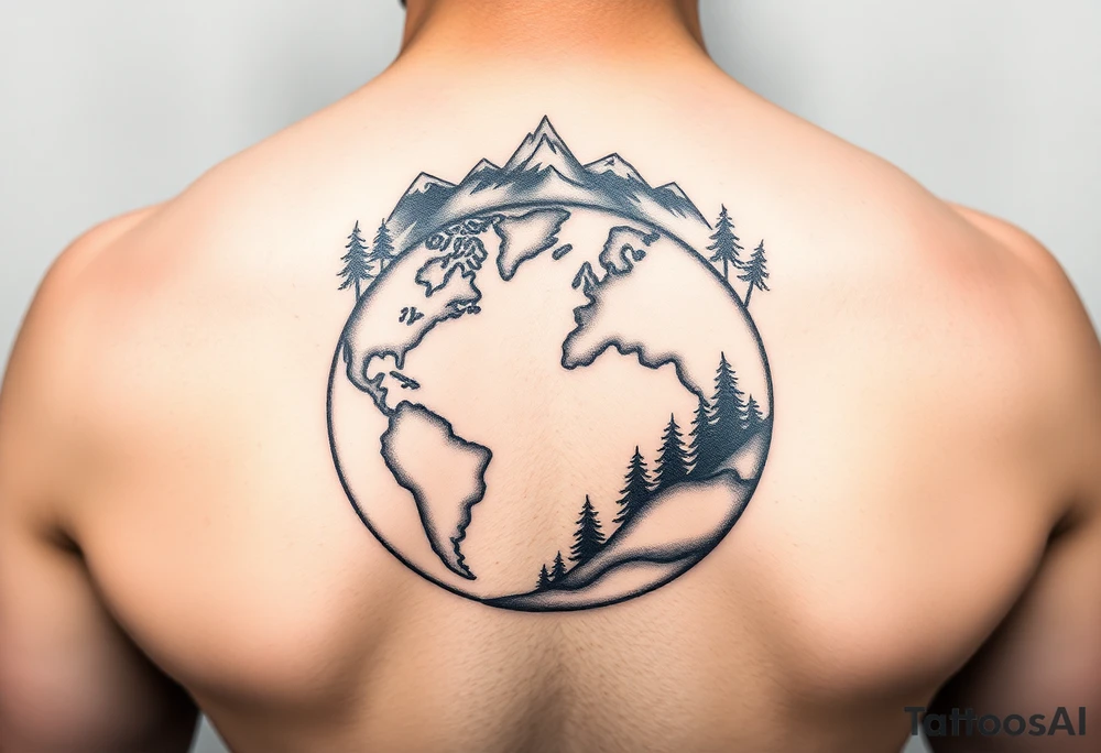 World globe in half with Forrest and mountains on top tattoo idea