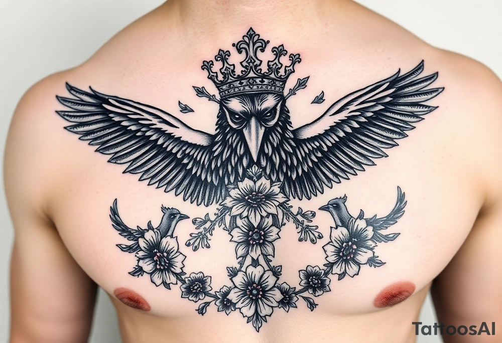 Chest tattoo,powerful majestic ravens with a crown, surrounded by floral ornaments and birds tattoo idea