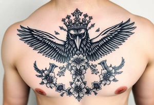 Chest tattoo,powerful majestic ravens with a crown, surrounded by floral ornaments and birds tattoo idea