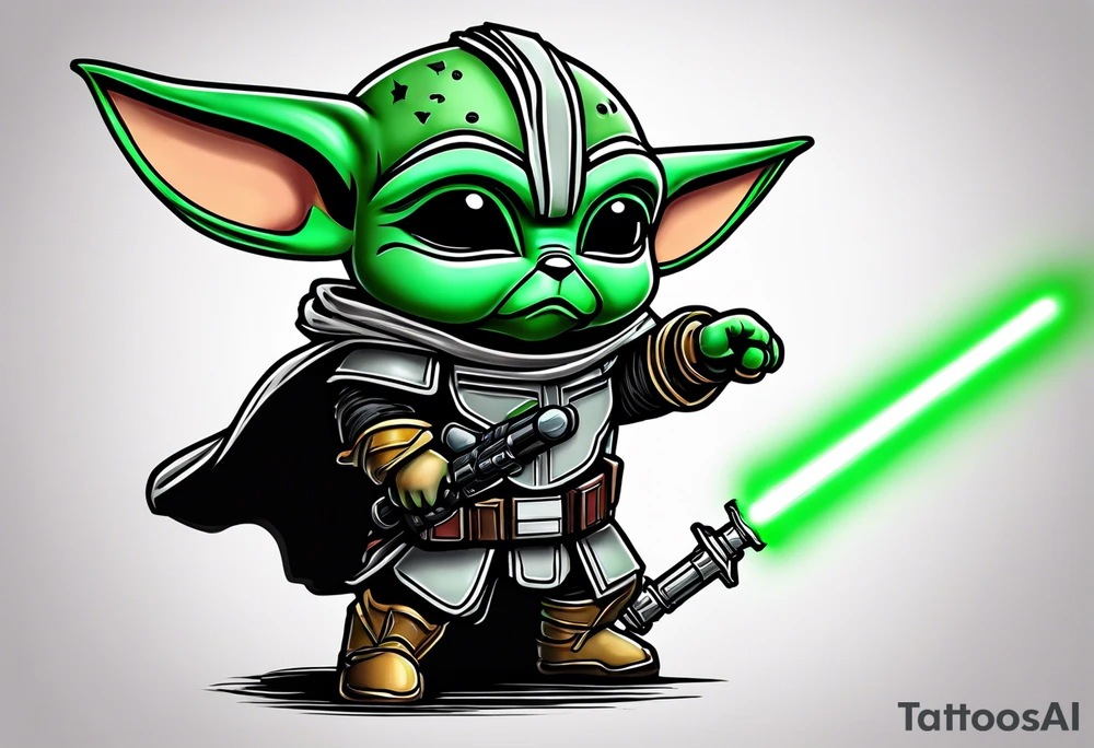 Baby grogu wearing mandalorian armor fighting Darth vader while wielding a green lightsaber tattoo idea