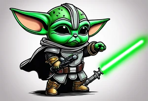 Baby grogu wearing mandalorian armor fighting Darth vader while wielding a green lightsaber tattoo idea