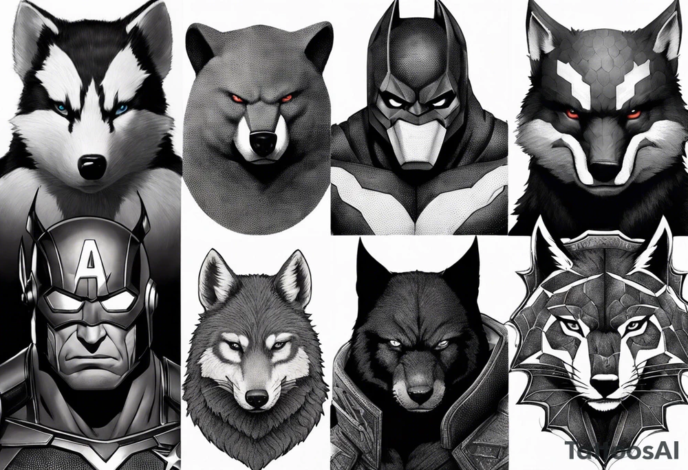 I want to change Avengers Team characters with animals. Hulk will be represented by a Badger.
Thor will be depicted as an Alpha Grey Wolf.
Captain America will be symbolized by a Bull.
Iron Man's character will be embodied by a Canary.
Black Widow's role will be portrayed by an Axolotl.
Hawkeye will be depicted as a Sudan Plated Lizard.
Nick Fury will be represented by a Cat. tattoo idea