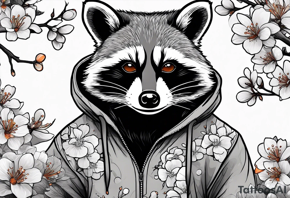 raccoon wearing a Superman hoodie with black and white logo and orange Japanese cherry blossoms tattoo idea