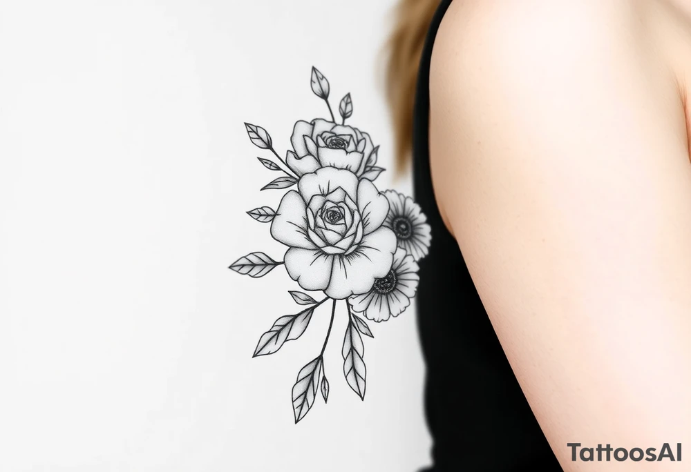 rose and chrysanthemum bouquet tattoo idea