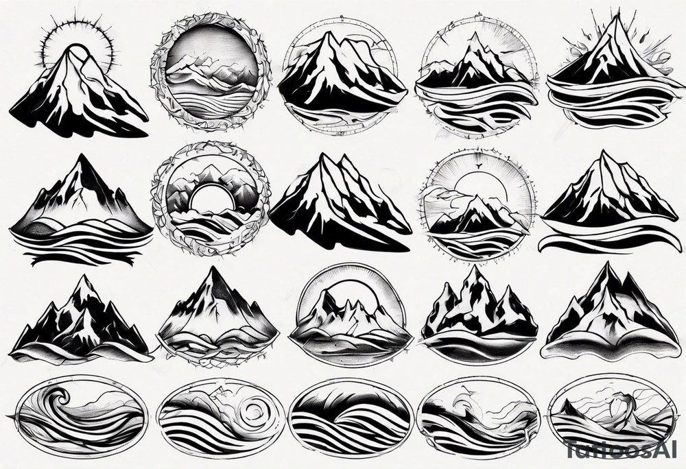 mountain with waves and sun tattoo idea