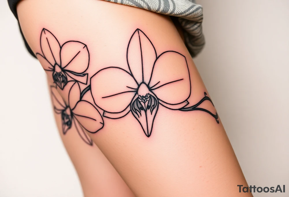 3 delicate fine line orchids realistic with a mix with vagina female and branching tattoo idea