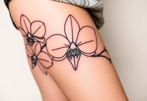 3 delicate fine line orchids realistic with a mix with vagina female and branching tattoo idea