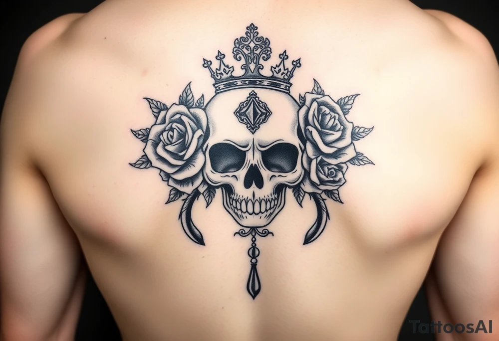 Bold vibrant gothic elegant skull with roses and crown with glow and lace drop tattoo idea