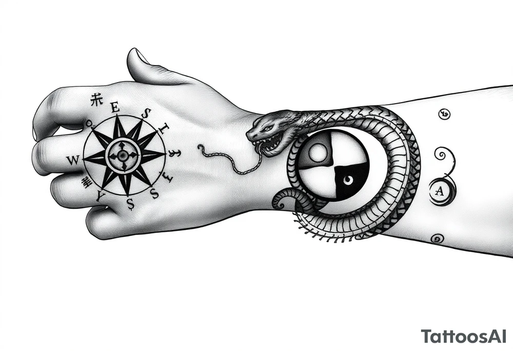 Blackwork tattoo from hand to elbow in a tribal, spiritual style. Vegvisir compass on the hand, carved in rough rune style, inside a radiant Thai sun disc. Each finger has a minimal rune: Tiwaz, Eiwaz, Algiz, Sowilo, Ansuz. A coiling serpent or dragon wraps the forearm — Japanese flow with a Viking beast head. Inside the coil is a Yin-Yang with a broken runic circle, tiny sun and moon inside. Vertical script on the inner forearm: either Bushidō (武士道) or Old Norse runes. Background includes Nordic knotwork, Thai swirls, Japanese waves. Hidden details: crossed swords, faint Hannya mask, sak yant diamonds. Bold black ink with rough, carved texture. tattoo idea